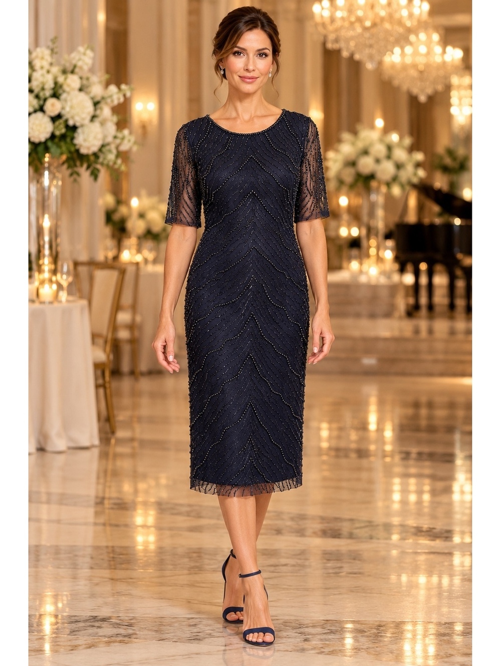 NWT Adrianna Papell Beaded Chevron Mesh Cocktail Dress - Navy Blue, Size 4
